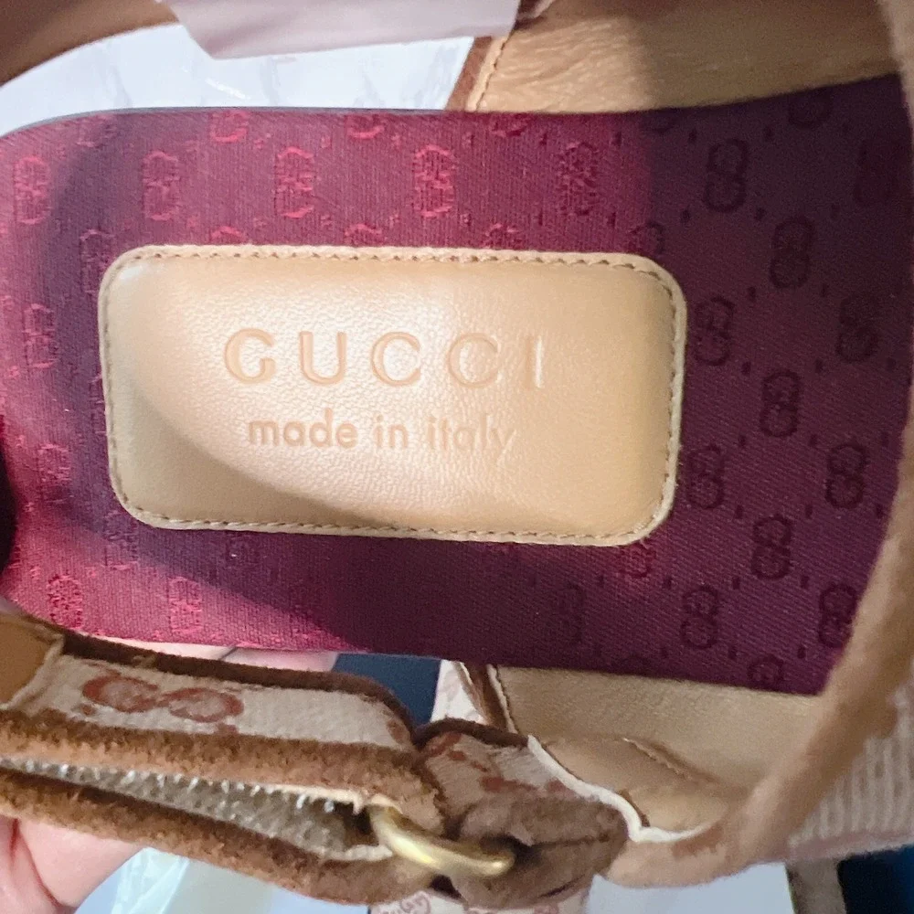 Gucci GG LOGO Monogram Wide Strap Sandal Brown/ Beige Canvas Mens UK 7.5 US 8